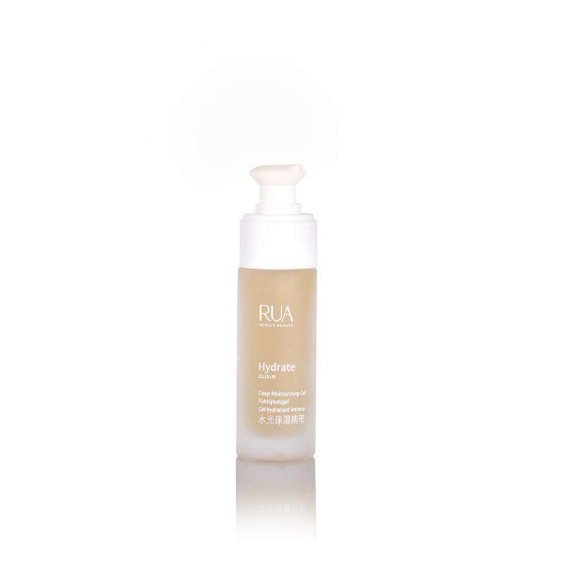 RUA Hydrate Elixir bottle with white reusable pump top.