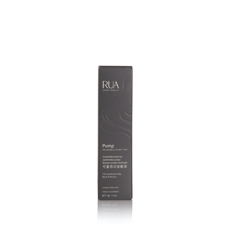 RUA Reusable Pump Top product packaging on a white background