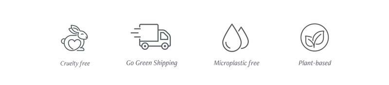 Set of icons representing cruelty-free, go green shipping, microplastic-free, and plant-based products on a white background.
