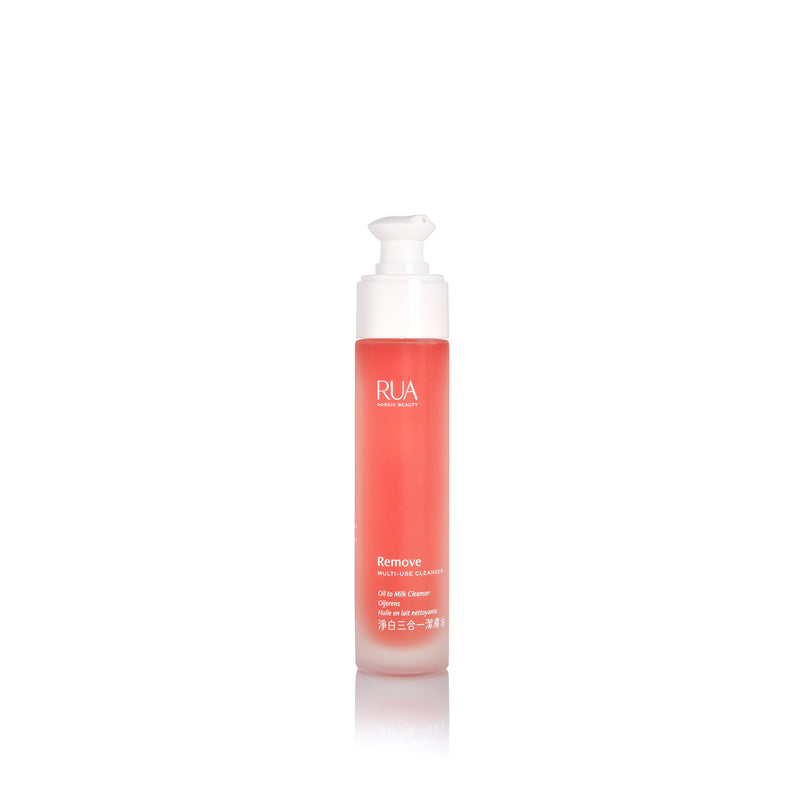 RUA Remove Cleanser bottle with white reusable pump top.