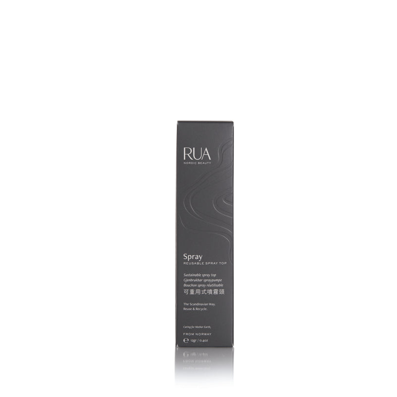 RUA Reusable Spray Top product packaging on a white background
